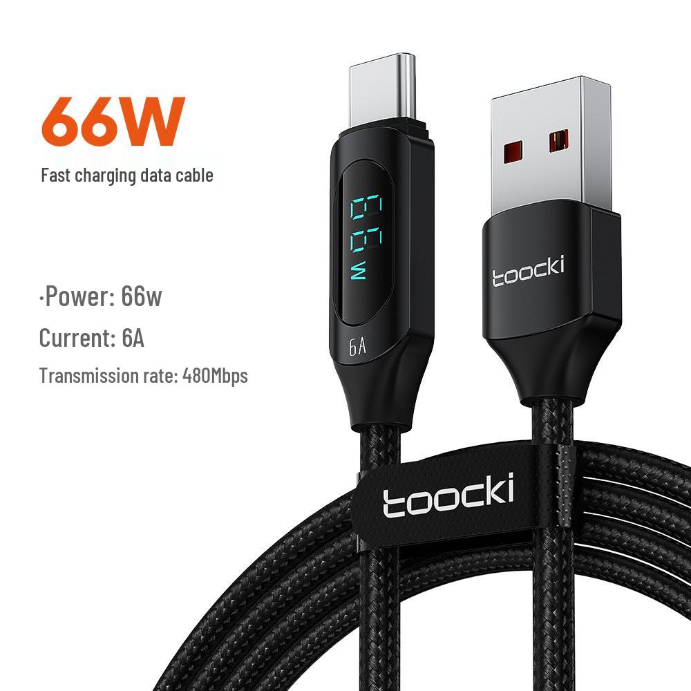 Toocki 66W Fast Charging USB-C Cable with Digital Display for Huawei, Honor, and Xiaomi.