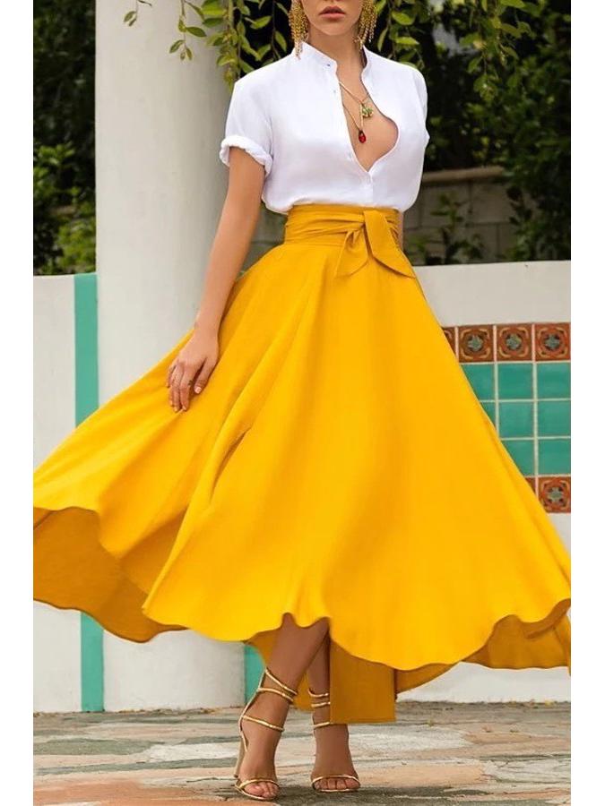 Solid Color Belted Midi Skirt - European and American Style Women's Fashion