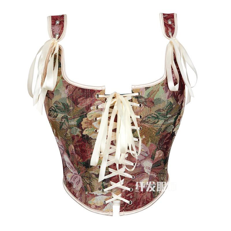 French Jacquard Palace Style Front Opening Strappy Boned Corset Shapewear Bustier