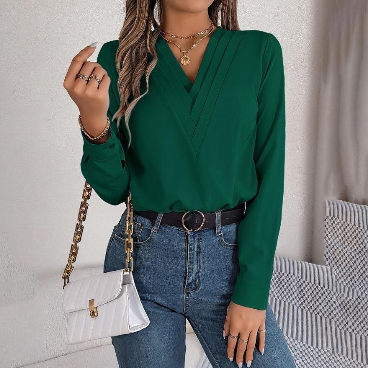 Dámská halenka s dlouhým rukávem a výstřihem do V, šifonový top, jednobarevné tričko, streetové oblečení, dámské tričko