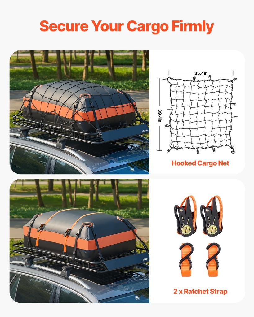 Roof Rack Basket, 1625 x 990 x 105 mm, Universal Rooftop Cargo Carrier with 1120 x 870 x 260 mm Cargo Bag, Net, Ratchet Straps, 113.4 kg Max Load