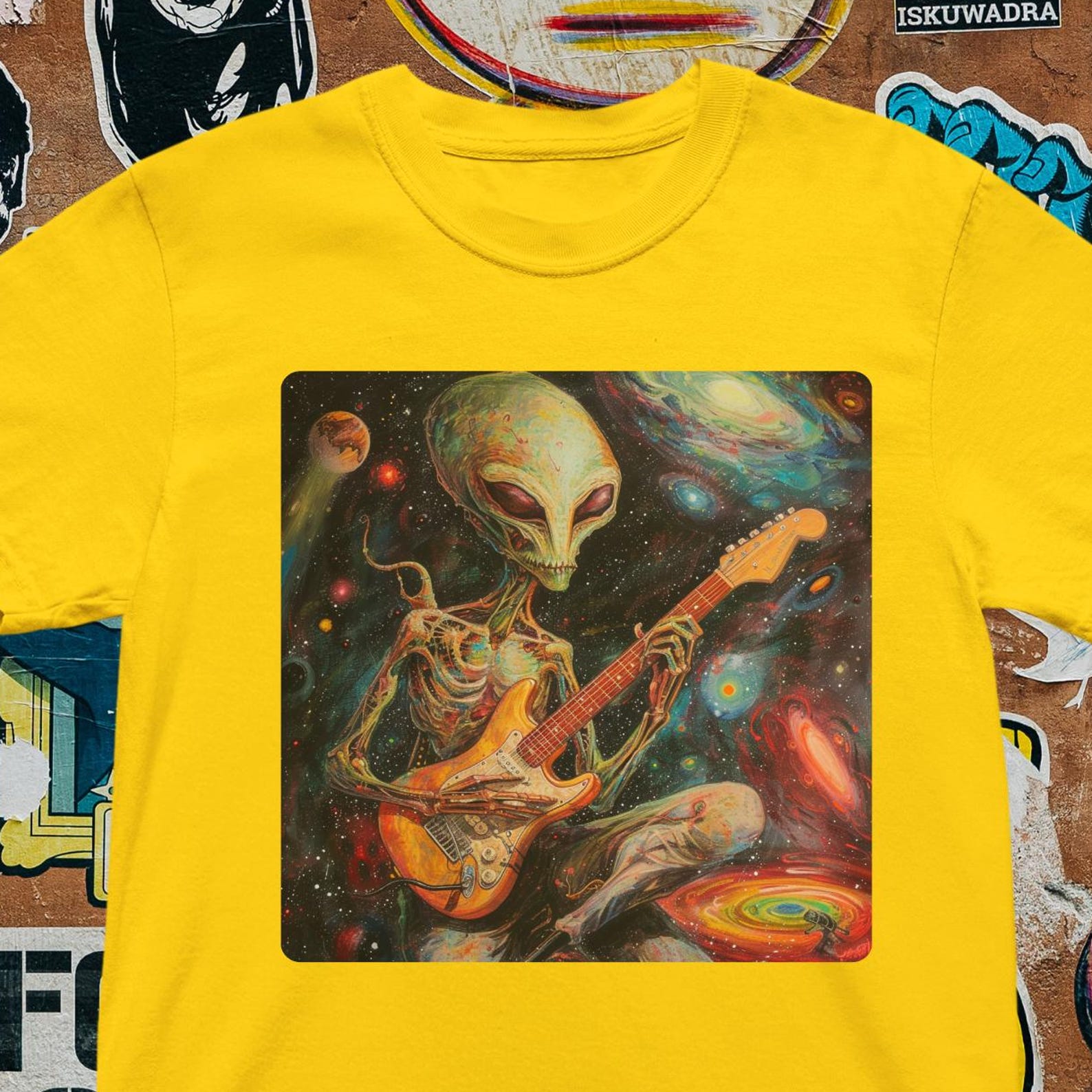 Psychedelic Alien Guitar T-Shirt - Trippy Space Art Graphic Tee S