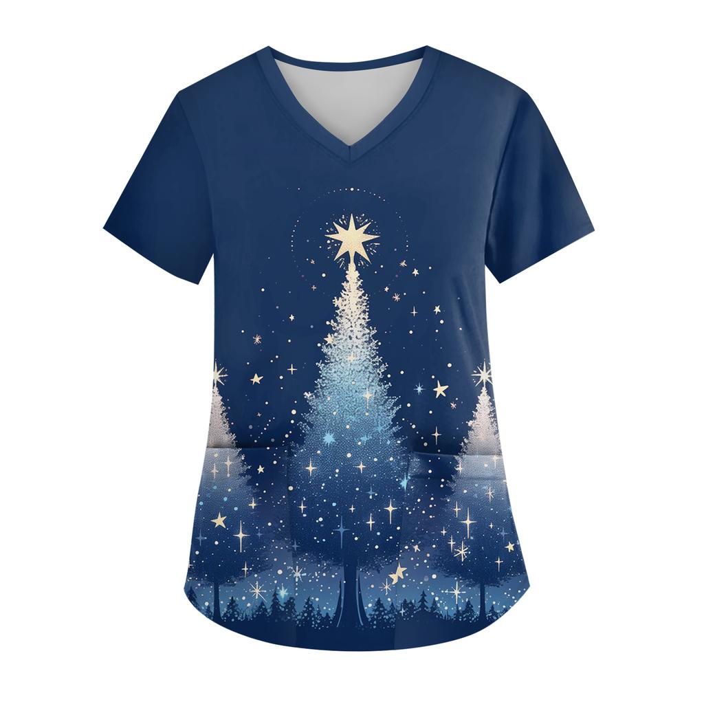 Dámský top s výstřihem do V, vánočním potiskem, krátkým rukávem, kapsou a bočním rozparkem