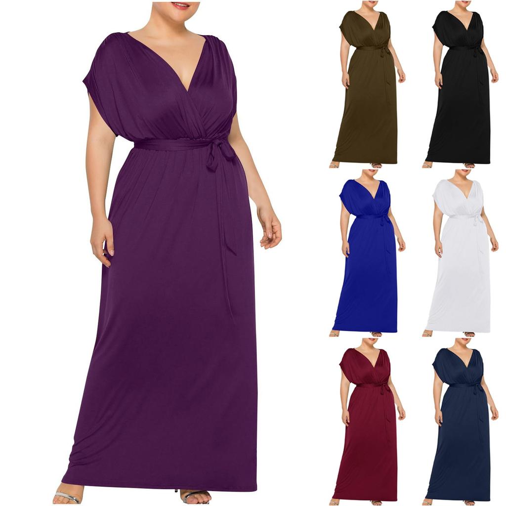 Women's Fashionable And Sexy Plus Size Color V-neck Short Sleeved Loose Hem Dress