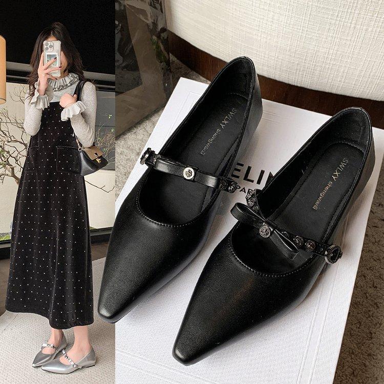 Coarse Heel Mary Jane Shoes Spring and Autumn Shoes New Pointed Small Leather Shoes Evening Silver Single Shoes Women