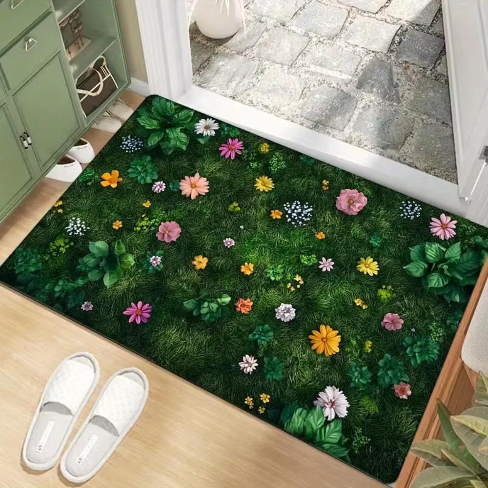 3D Groen Gras Wilde Bloemen Deurmat, Antislip Absorberend Wasbare Vloerkleed voor Entree, Badkamer Woondecoratie 40x60cm 16x24inch