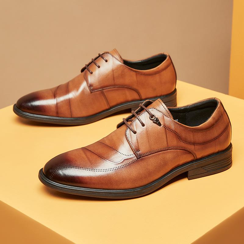 

Первый слой коровьей кожи, новый британский стиль, натуральная кожа, острый носок, мягкая подошва, деловые, формальные, мужские кожаные туфли, повседневные, дышащие, свадебные туфли 38 светло-коричневого