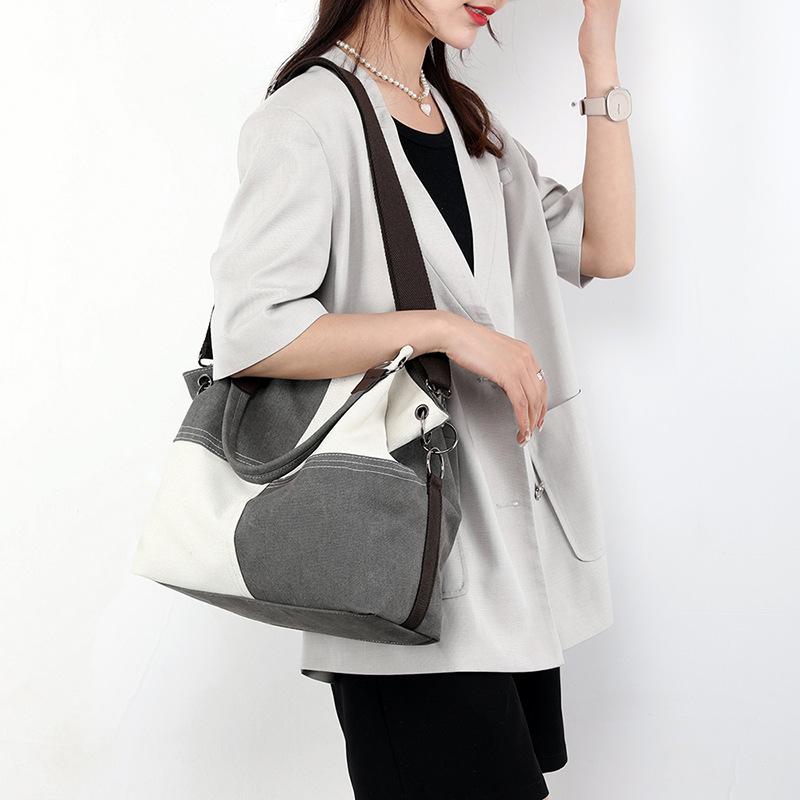 Trendy Women's Patchwork Canvas Tote and Crossbody Bag - Fashionable, Versatile, Color Block Design 2025.