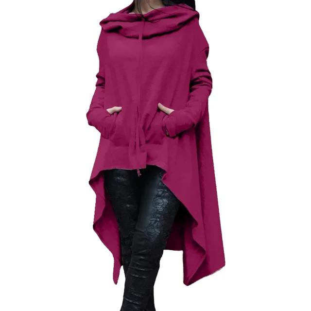 Felpa con cappuccio da donna in misto cotone tinta unita con orlo asimmetrico con coulisse Cappotto poncho allentato per felpa con cappuccio da donna