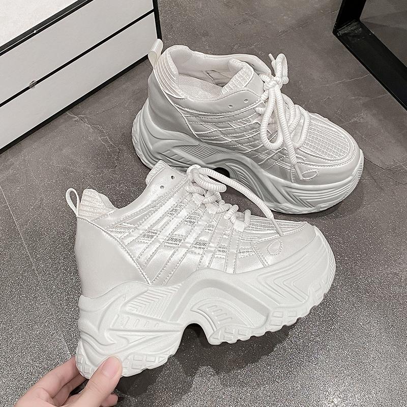 Fashion 2024 Spring Autumn Chunky Sneakers Women Bling Platform Sports Shoes Woman Goth Thick Bottom High Heels Female Leather Sneakers