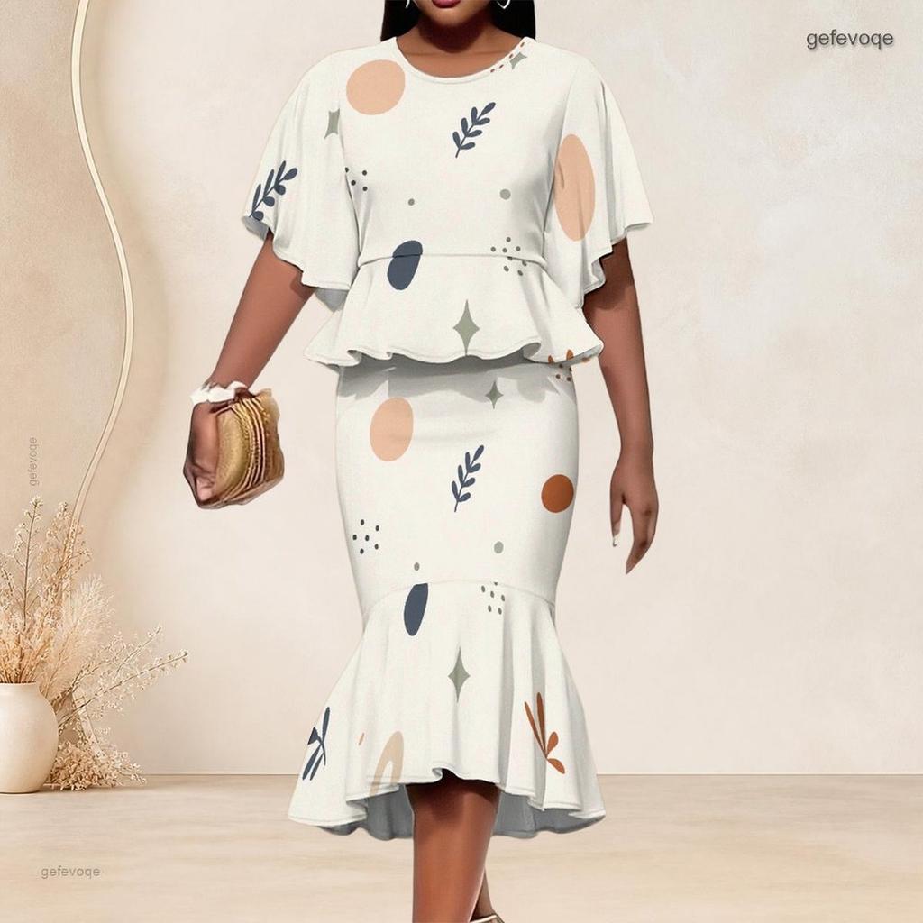 Women Plus Size Round Neck Batwing Sleeve Printed Ruffle Hem Top Fishtail Skirt Two Piece Set