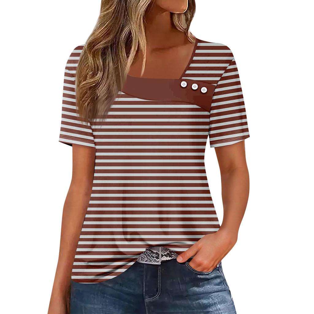 Dámské ležérní tištěné asymetrické tričko s krátkým rukávem a ozdobnými knoflíky