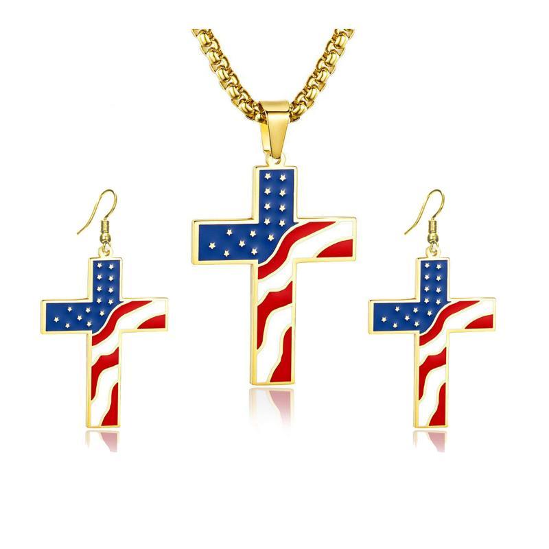 USA Flag Necklace Earrings Set Alloy Cross Pendant Patriotic Themed Jewelry for Men Women 4th of July Celebration Wear