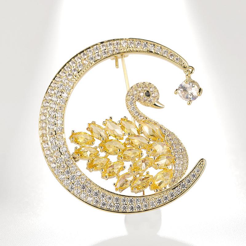 Bo Xin Yun Zircon Moon Swan Brooch - Elegant Suit Pin Accessory
