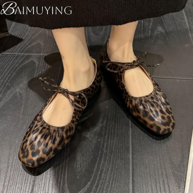 Leopard Square Toe Women Flat Sandals Marie Janes Shoes Woman Summer 2025 Trend Elegant Dress Comfort Soft Leather Zapatillas