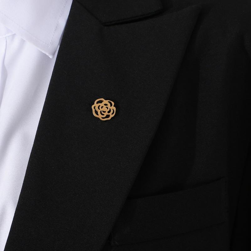Men’s Small Rose Brooch In Stainless Steel - Gold, Silver, Black, Hollow Design, Fade-Resistant.