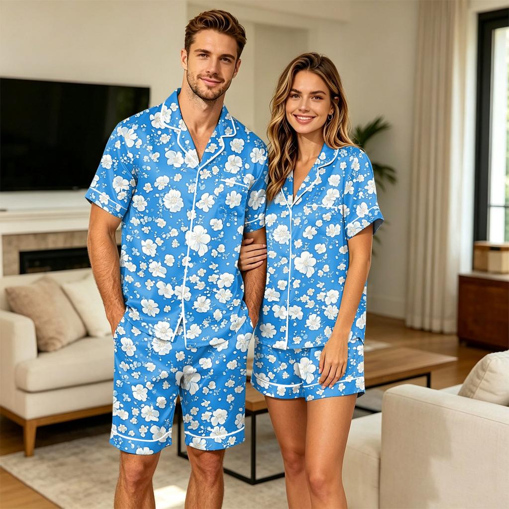 Herenbloemenprint Korte Mouw Pyjamaset met Borstzak voor Casual Slaapkleding en