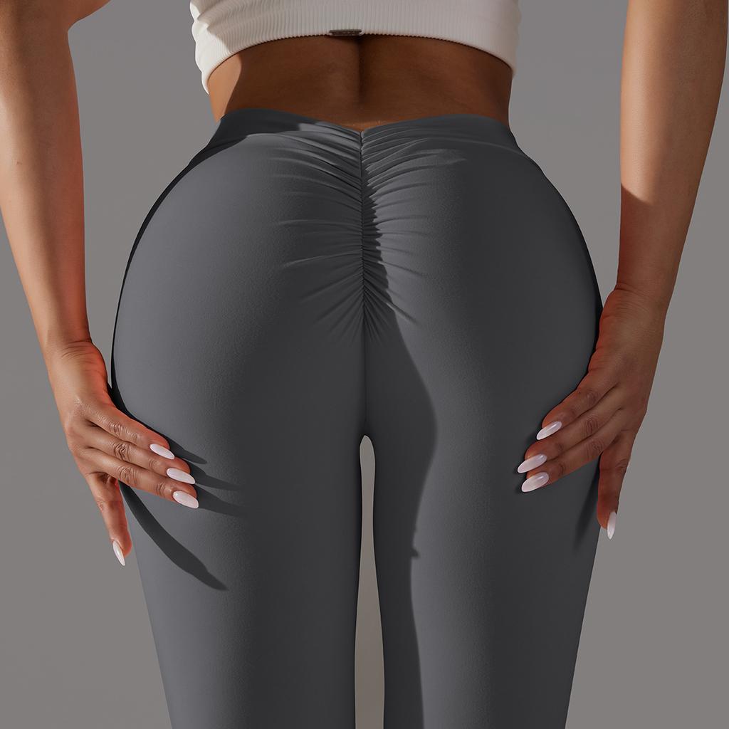 Brushed V-waist Pleated Solid Color Peach Hip Yoga Pants For Sports, Running, Fitness, Tight Fitting Cropped Pants