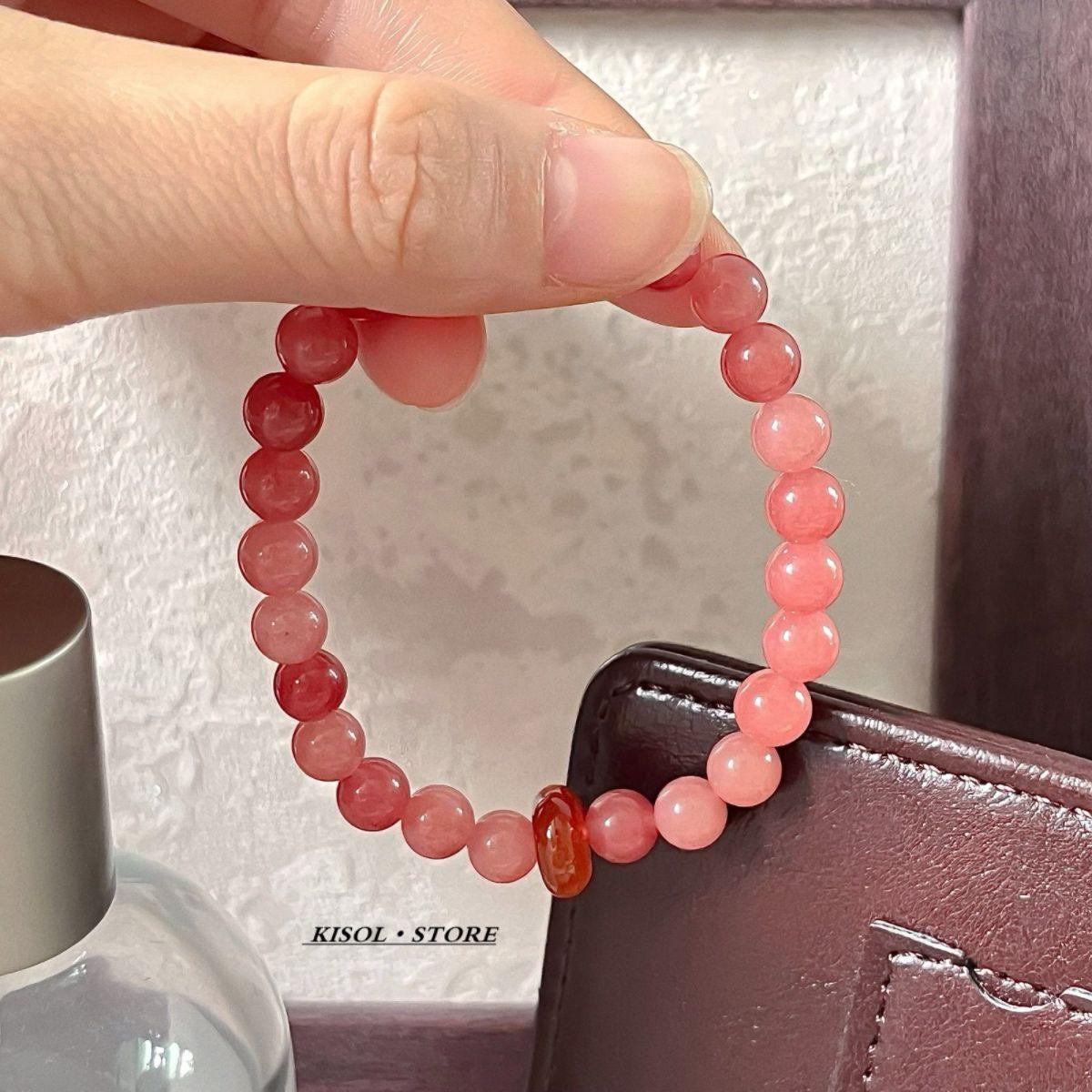 Peach Blossom Pink Natural Stone & Red Agate Bracelet - Chinese Style for Women