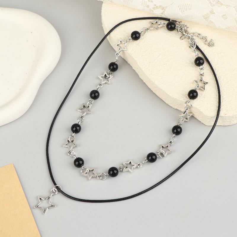 Dvouvrstvý černý korálkový hvězdicový choker náhrdelník Punk pentagram kožené šňůrky Náhrdelníky pro ženy dívky