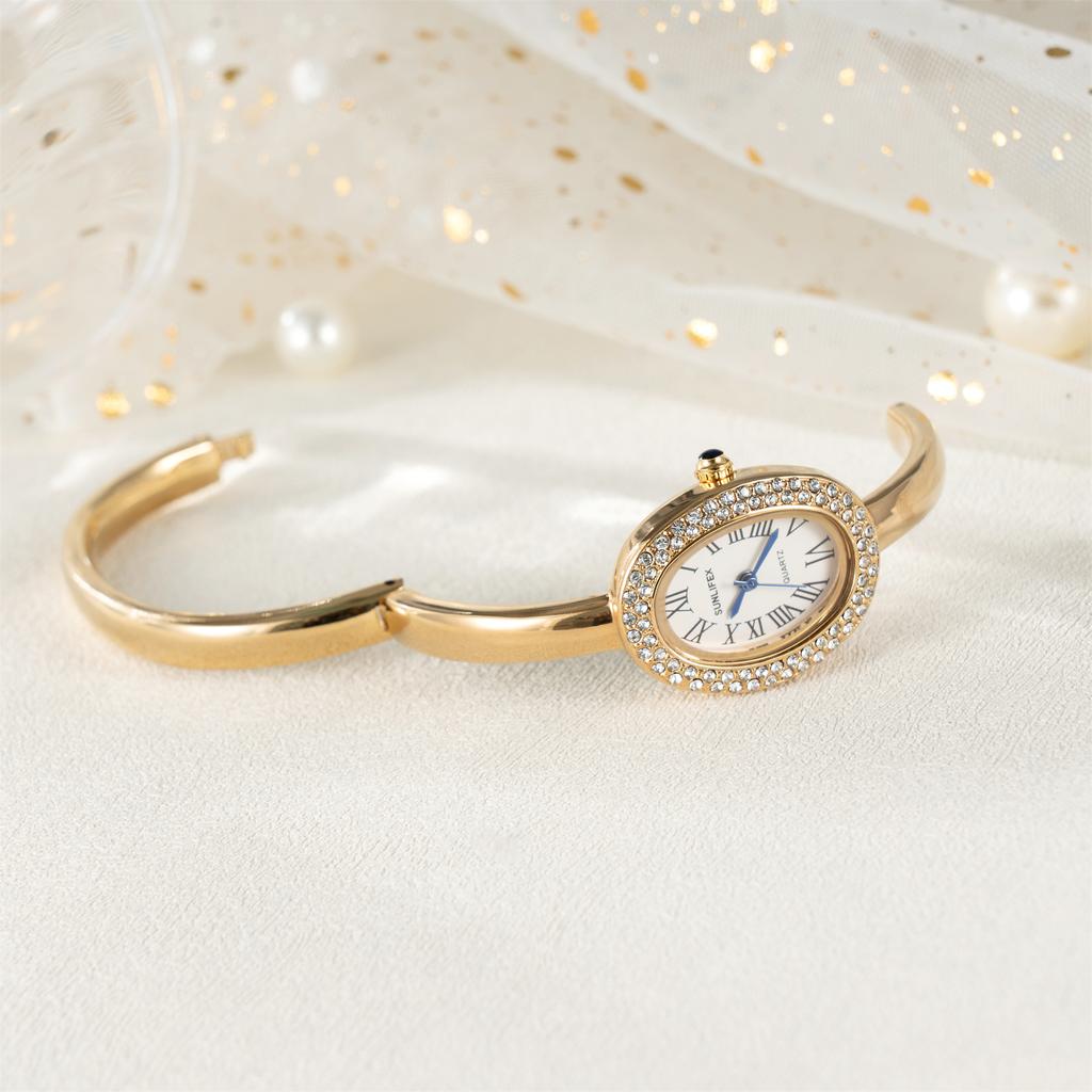 New Luxury Elegant ladies' Bracelet Wrist Watch Roman Numeral Inlaid Rhinestones Oval Waterproof Women's Quartz Watch Reloj