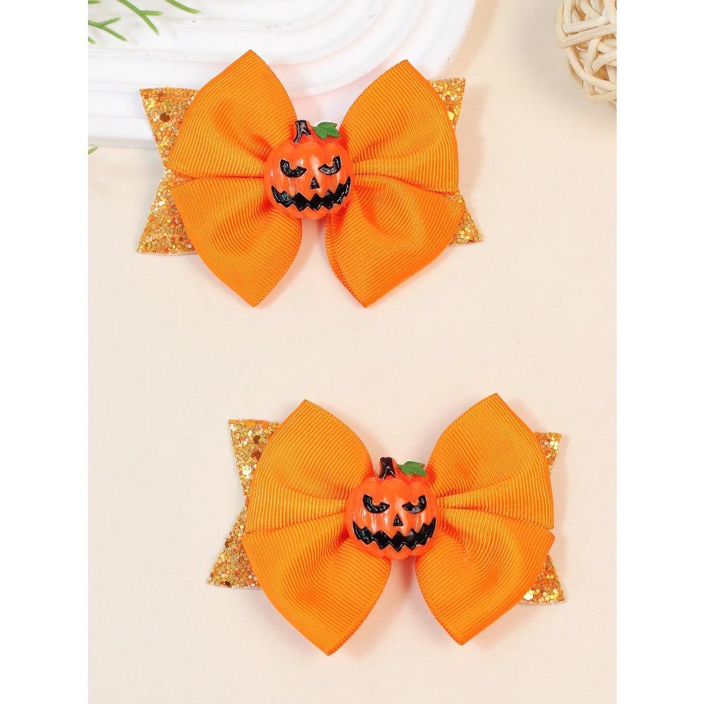 

2pcs Orange Bowknot Hair Clips Set, Small/Medium/Large, Kids Halloween Pumpkin Hair Accessories For Girls чёрный