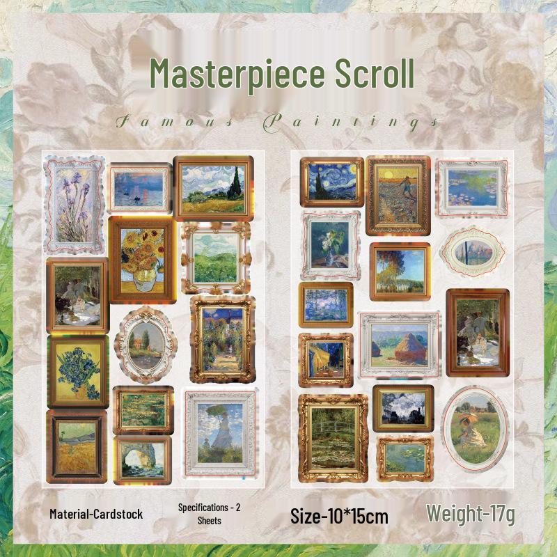 Yuxian Antique Collection: Embossed Oil Painting Stickers - Retro European Style, Journal Decoration, 2 Sheets, 4 Designs.