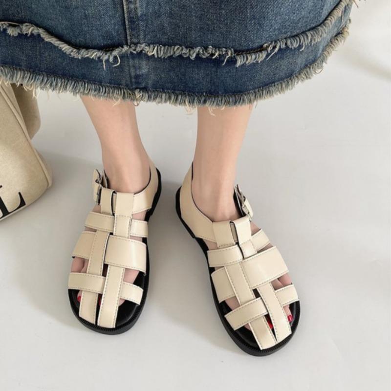 Fashion Summer New Baotou Sandals Women Fashion Round Head Knitted Metal Buckle Soft Sole Anti-slip Wear-resistant Flat Shoes