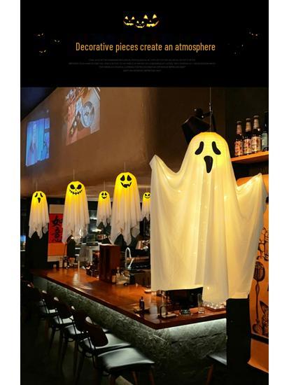Halloween Ghost Pumpkin Lantern Pendant - Luminous Hanging Decoration for Spooky Indoor Scenes.