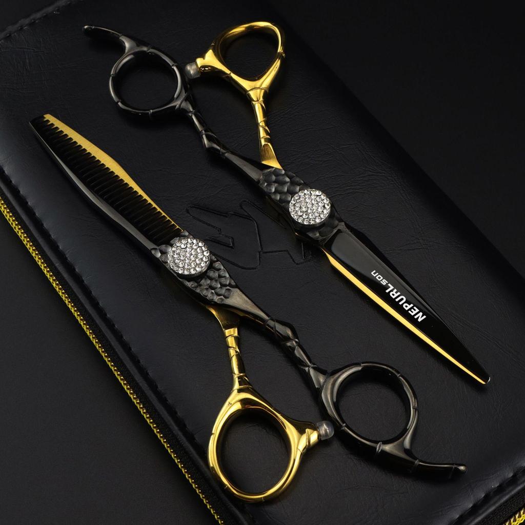 6" FWT-05 Napson Black Gold Hairdressing Scissors - Full Blade & Thinning Shears