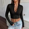 Women's Deep V Neck Long Sleeve Crop Top Slim Fit Solid Color Casual Pullover