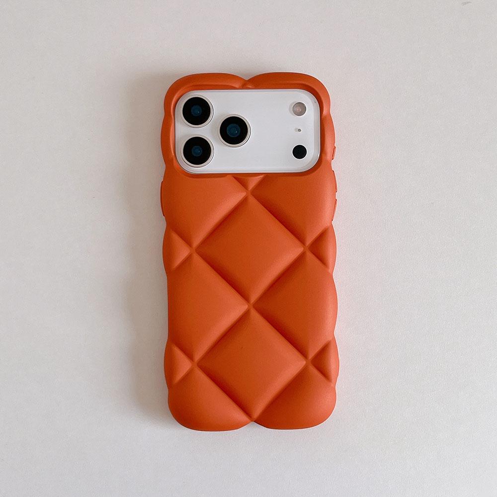 Matte Orange 3D Diamond Pattern Phone Case For iPhone 17 16 15 14 13 12 11 Pro Max Soft Shockproof Silicone Cover Girls