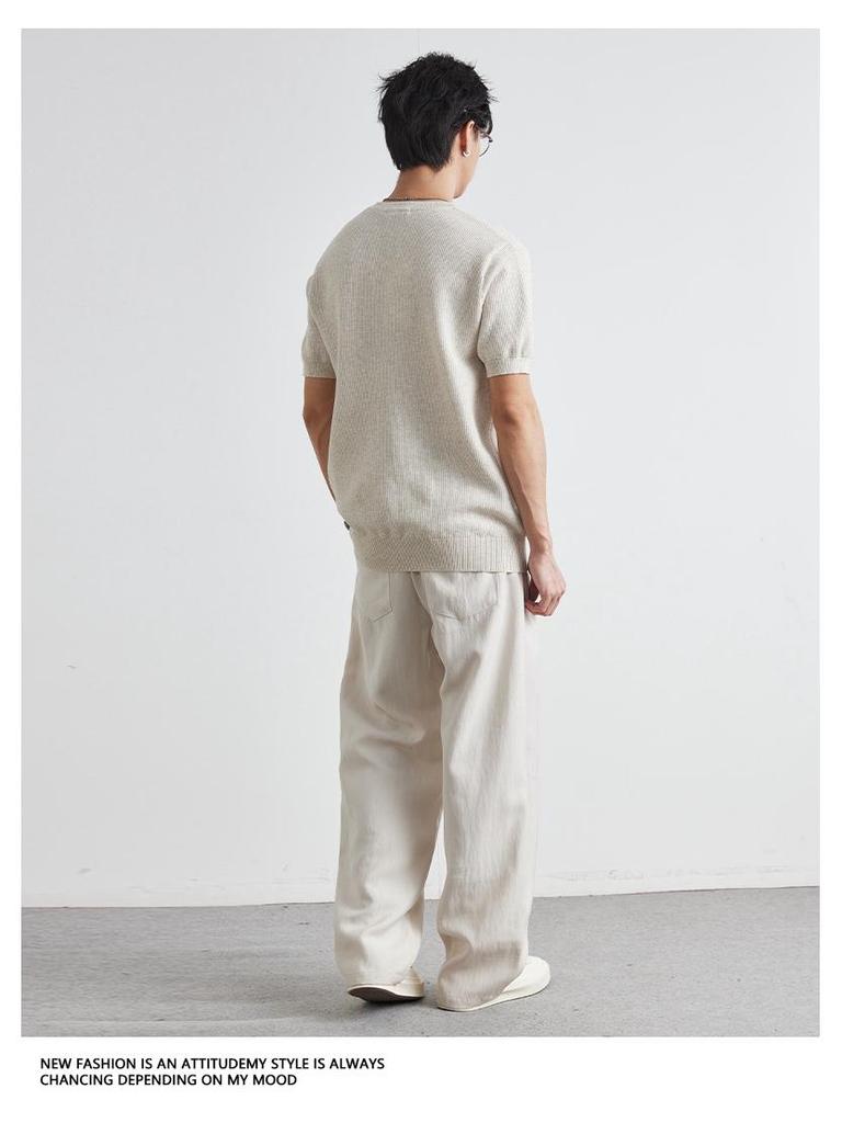 Męska letnia koszulka dzianinowa Henley z krótkim rękawem o kroju slim fit - Lekka, dojrzała, codzienna góra