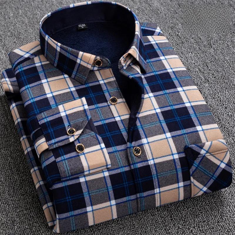Men's Thickened Fleece Lined Long Sleeve Shirt Warm Slim Fit Plaid Casual Fashion Winter Shirt No Ironing Required Male Apparel