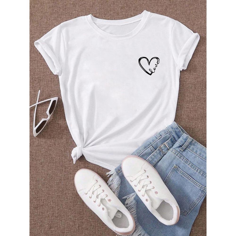Love Heart Printed Trend Women Fashion Clothing Graphic T-shirts Clothes Print Female Shirt Short Sleeve Lady Casual Tee