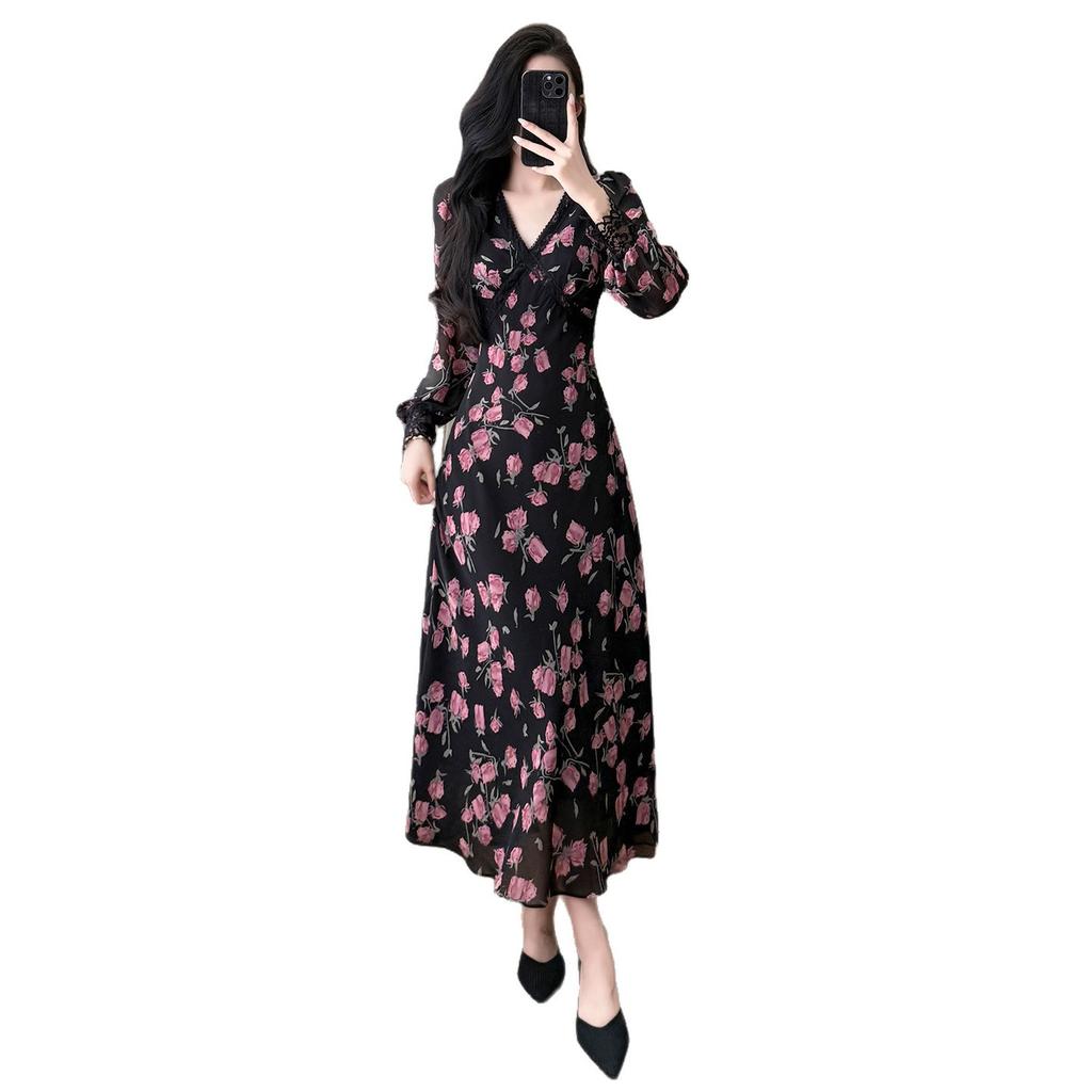 High-quality New Spring Chiffon Plus-size Floral V-neck French Print Elegant Long Drawstring High-waisted Dress