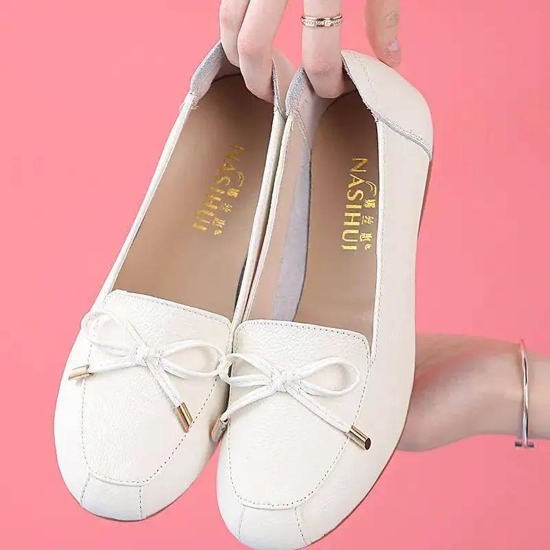 Fashion Round Toe Bow Flat Shoes Woman  Autumn Mother Breathable Comfortable Soft Leather Casual Shoes Zapatillas Mujer