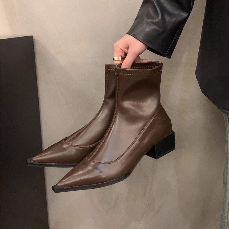 

Women s 2025 Autumn/Winter Korean Style Pointed Toe Chelsea Ankle Boots with Velvet, High Heel 35