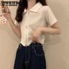 WTEMPO T-shirt da donna con doppia cerniera, manica corta, estiva, con colletto polo, tinta unita, casual, slim, cropped, maglieria