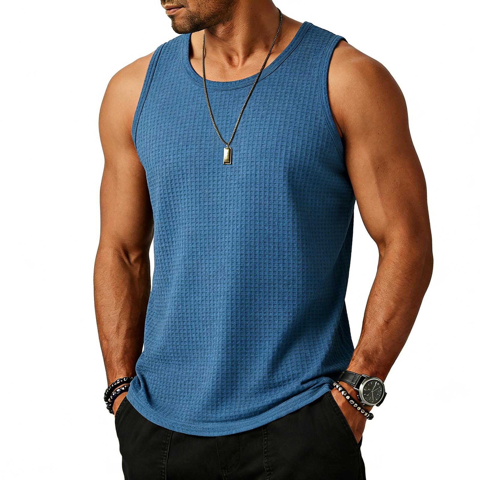 Men s Color Color Sleeveless Vest Summer Casual Tops M синий