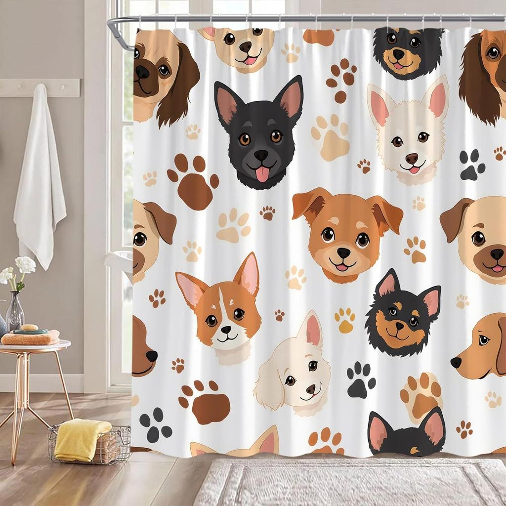 Cute Dog Shower Curtain Cartoon Puppy Funny Animal Dogs Paw Print for Pet Lover Modern Bathroom Decor Fabric Curtain with Hook
