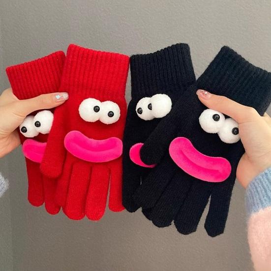 Lustige Cartoon Strickhandschuhe Niedliche Große Augen Warme Handschuhe Winter Gerippte Touchscreen-Handschuhe zum Fahren Pendeln Radfahren Tägliche Erledigungen