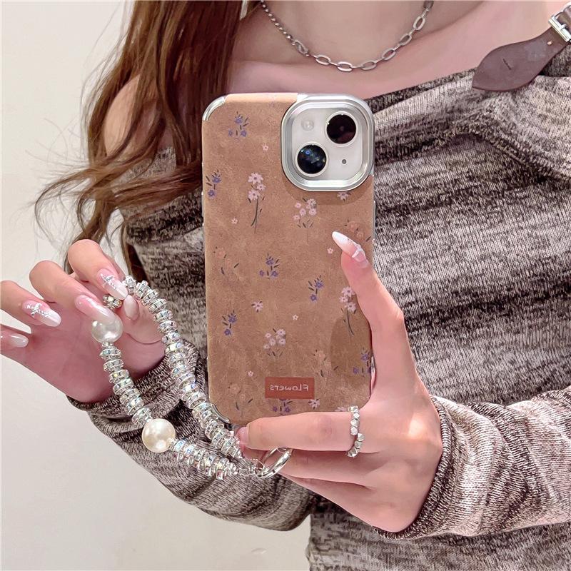 Ins Autumn and Winter Retro Brown Small Floral for Apple 16 Mobile Phone Case for IPhone15ProMax Electroplated Silver 14