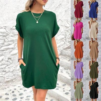 Women Casual Solid Color Round Neck Bat Sleeve Invisible Pocket Loose Short Sleeved Dress
