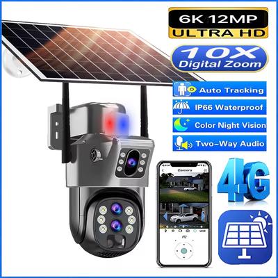 10X Zoom 4G SIM Card Outdoor Solar Camera Three Lens 6K 12MP Wireless PTZ Surveillance CCTV PIR Motion Detection Security Camera