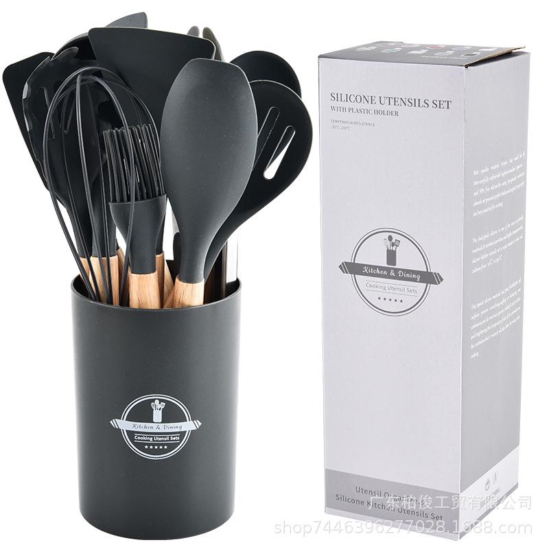 Set da 12 Pezzi di Utensili da Cucina in Silicone con Manici in Legno - Set Spatola e Cucchiaio