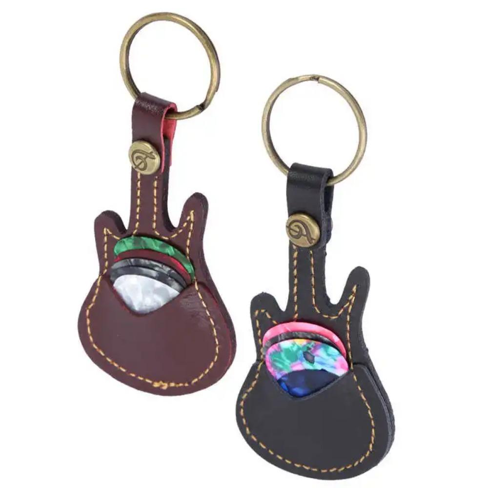 1Pc Leather Guitar Pick Bag Guitar Pick Holder Case Guitar Shape With Key Ring Celluloid Picks String Instrument Accessories