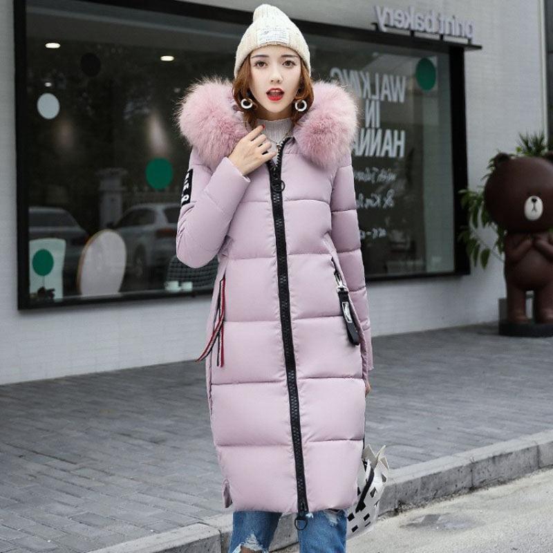 Podzimní a zimní dámská dlouhá módní teplá bunda s kapucí a kožešinovým límcem, odolná proti větru