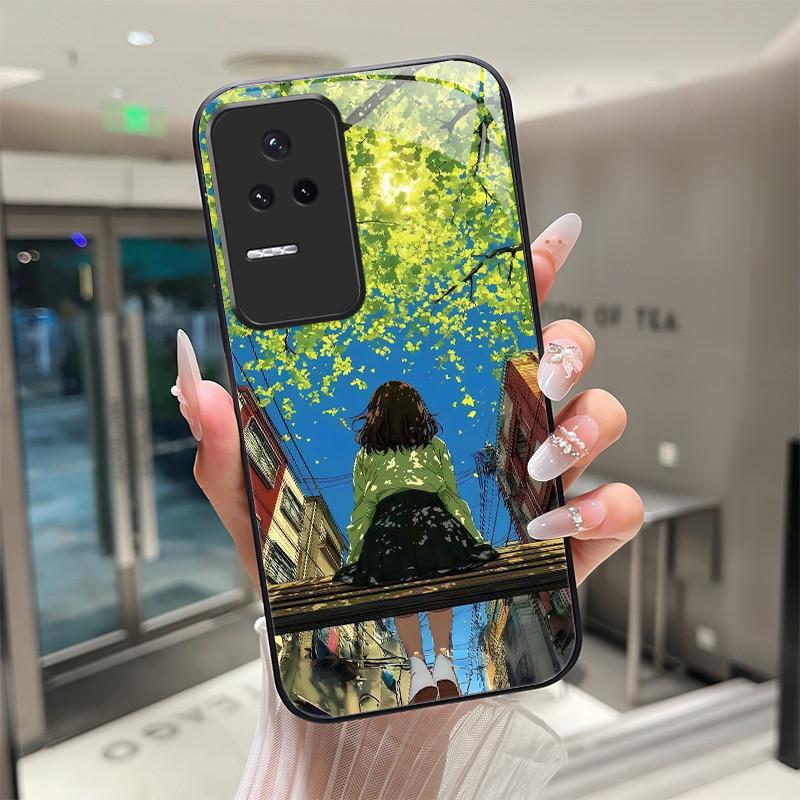 Beautiful Flower Cute Cats Case For Xiaomi Poco F4 5G / Redmi K40S Tempered Glass Phone Case Protective Back Cover Hard Shell