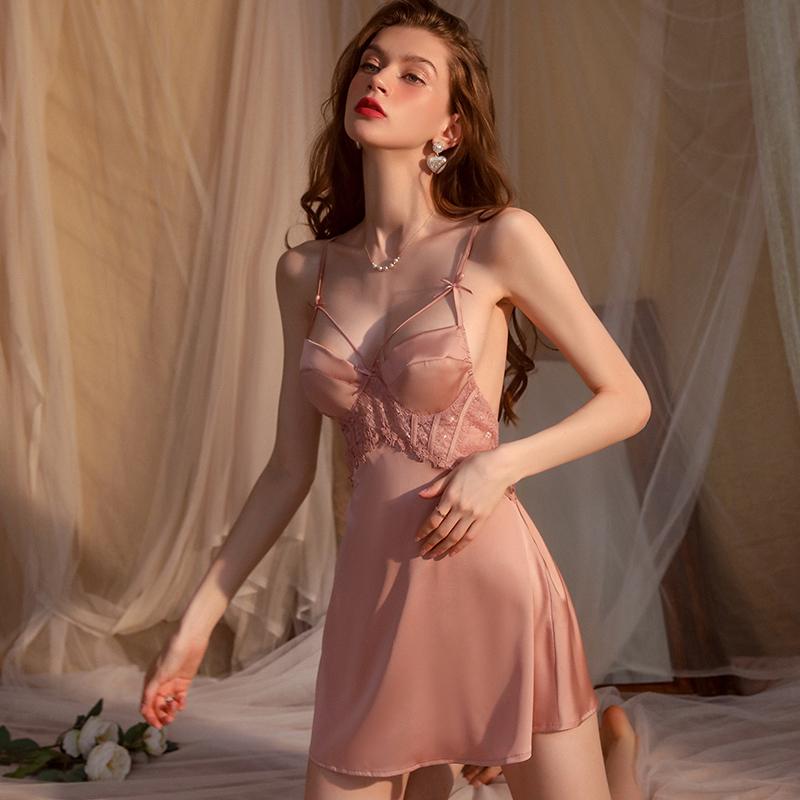 Sexy Pajamas Set Autumnal Deep V Backless Sexy Pajamas for For Women Solid Color Satin Lace 2-piece Home Wear Set